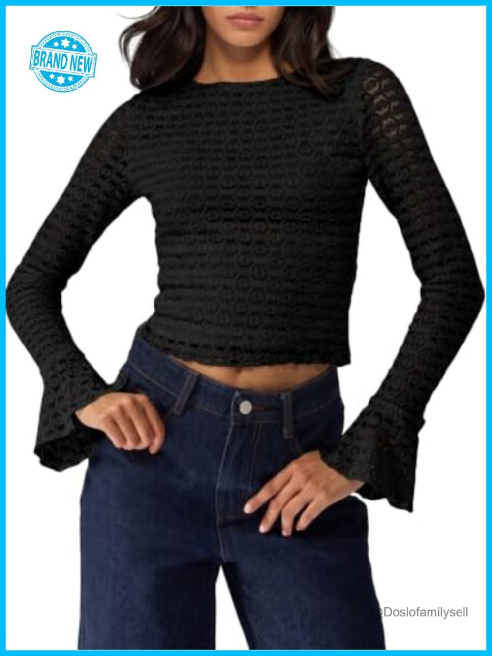 Womens Long Sleeve Lace Cropped Top Bell Sleeve Crew Neck Blouse